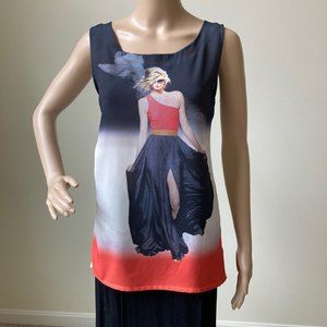 Ginger G Graphic Tank Top Women Size S Sleeveless Tee Semi Sheer High Low Vtg